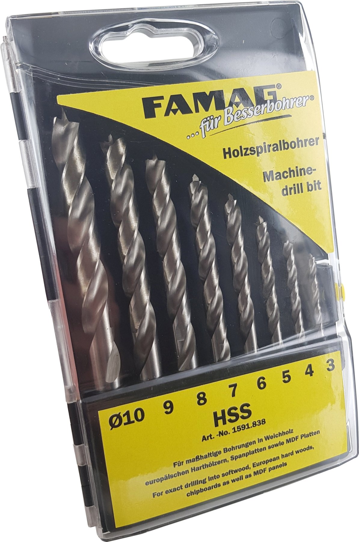 FAMAG Holzspiralbohrer Set HSS 8-tlg., in Kunstst.-Box 3-4-5-6-7-8-9-10 mm