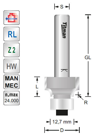 Abrundfräser/Lager Softf. D=18.7 d=12.7 L=8 R=1 S=6