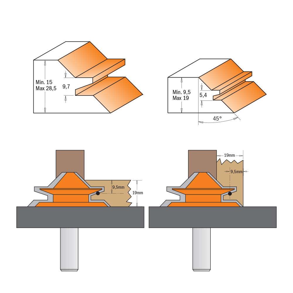 CMT C955 45°-Eckverbindungsfräser - D44,5x18 45° S=8 HW