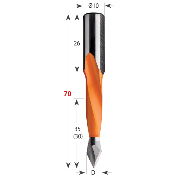 Dübelbohrer Serie 314 für Durchgangslöcher, Gesamtlänge 70 mm, Schaft 10 mm