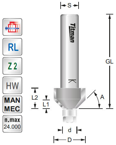 Fasefräser/Lager HW Z=2 D=14 d=6,35 A=45° L1=3,8 S=8