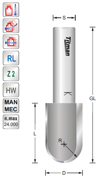 Hohlkehlfräser HW Z=2 D=20 R=10 L=32 S=12