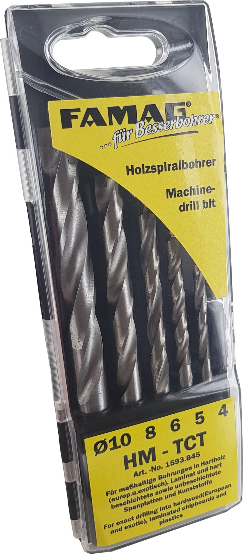 FAMAG Holzspiralbohrer HM Set, 5-teilig in Kunstst.-Box, Ø 4, 5, 6, 8, 10 mm