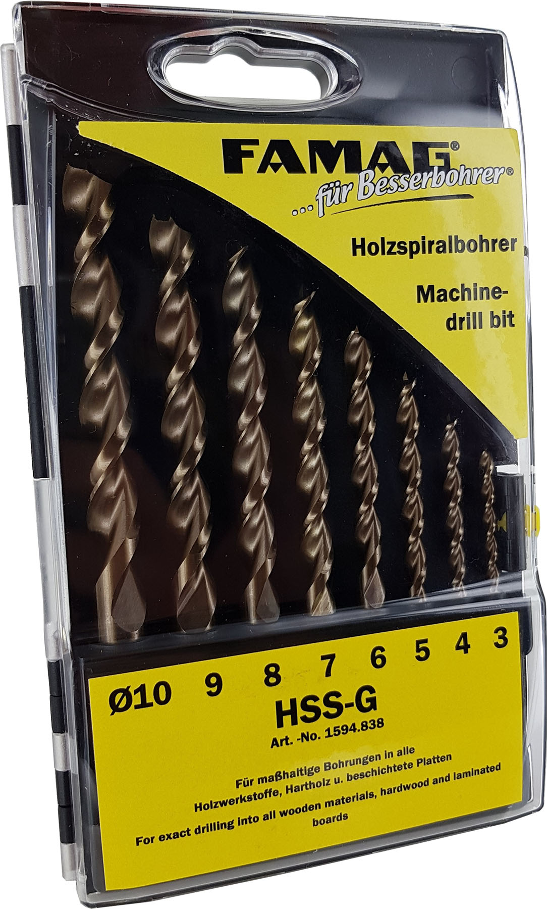 FAMAG Holzspiralbohrer Set HSS-G 8-tlg., in Kunstst.-Box 3-4-5-6-7-8-9-10 mm