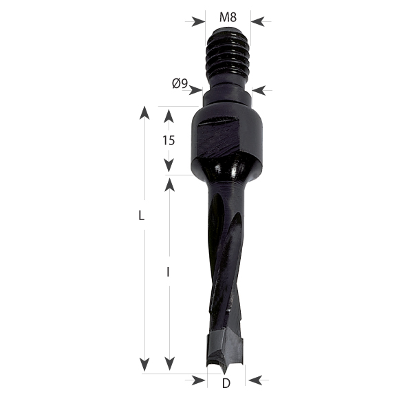 Gewindeschaft Hartmetall Dübelbohrer, Schaft M8, Paßsitz 9 mm