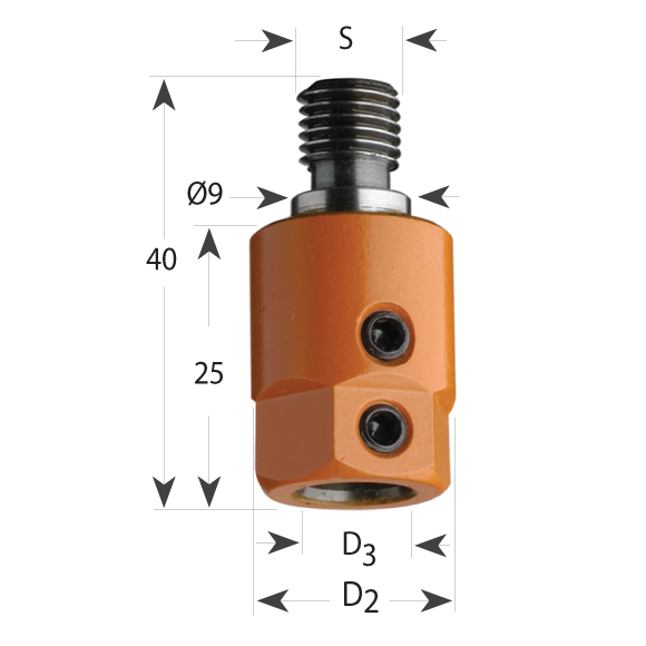 Adaptor 358 for dowel drills, d9 cylindrical base, M8 - for drill S10, D19,5x25x40 M8 RH