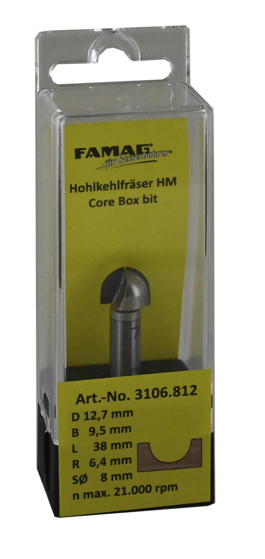 FAMAG HM-Hohlkehlfräser D12,7 B9,5 R6,4 GL38 mm, SØ8 mm ohne Anlauflager