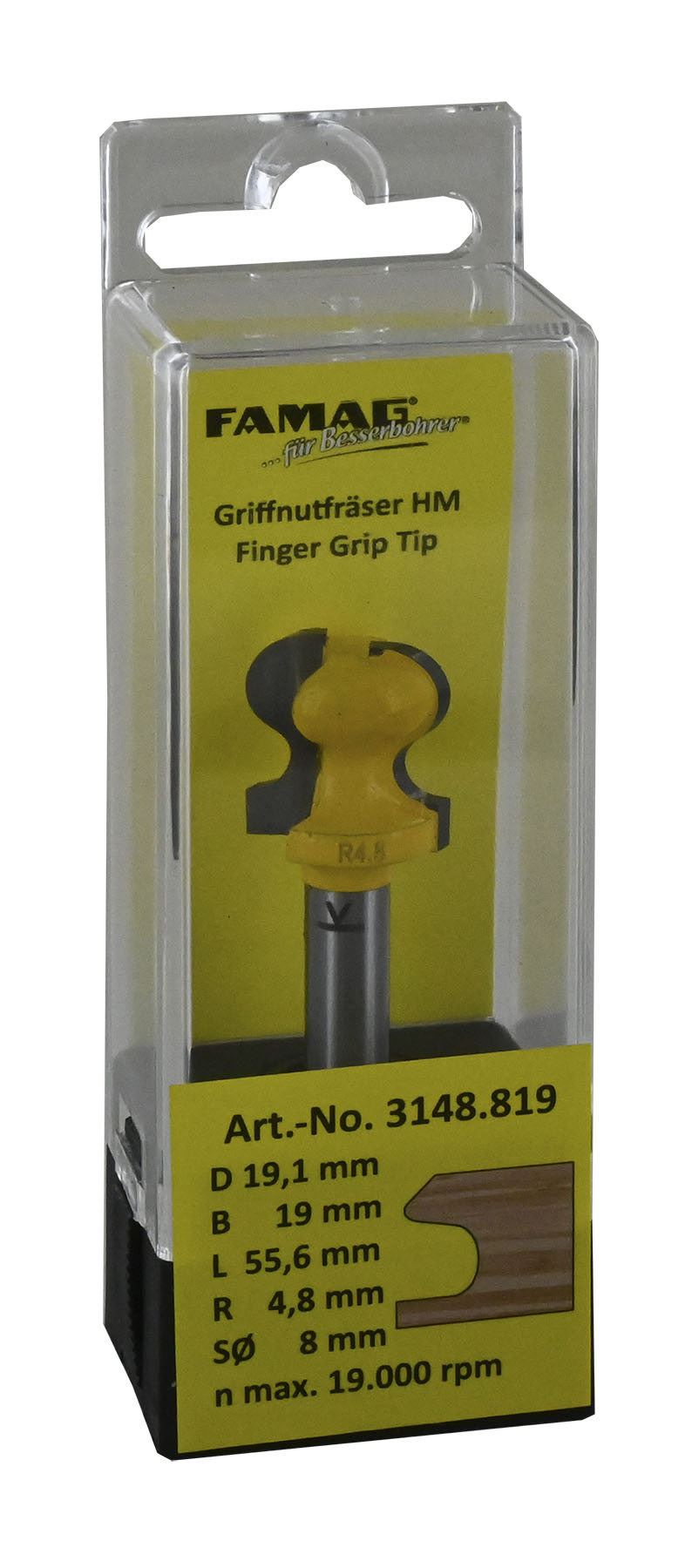 FAMAG HM-Griff-Nutfräser D19,1 B19 R4,8 GL 55 mm, SØ8 mm ohne Anlauflager