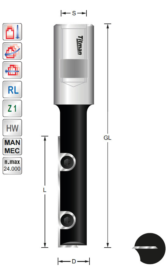 WP-Nutfräser L509 Z=1 D=12,7 L=50 GL=100 S=M12