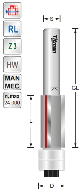 Bündigfräser/Lager HW Z=3 D=12.7 L=25 S=6