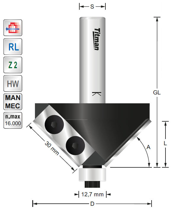 WP-Fasefräser/Lager HW Z=2 D=65 A=45° L=15 S=12