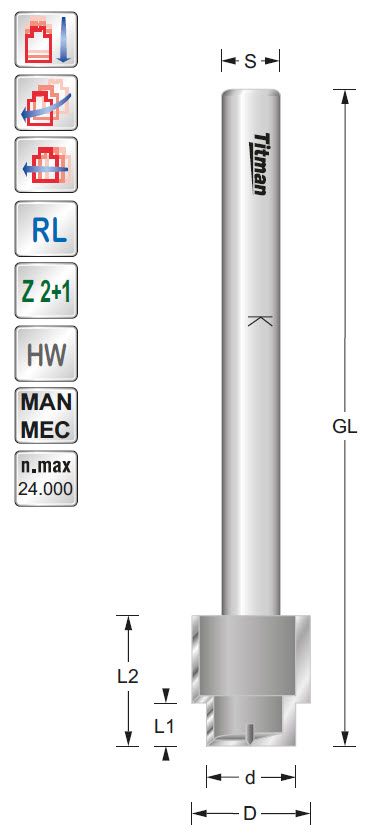 Stufenfräser HW Z=2 D=16.3x9 d=12.3x9.5 GL=70 S=8