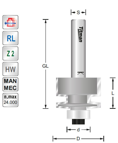 Verleimfräser HW Z=2 D=24.6 L=18.5 GL=51 d=12.7 S=8