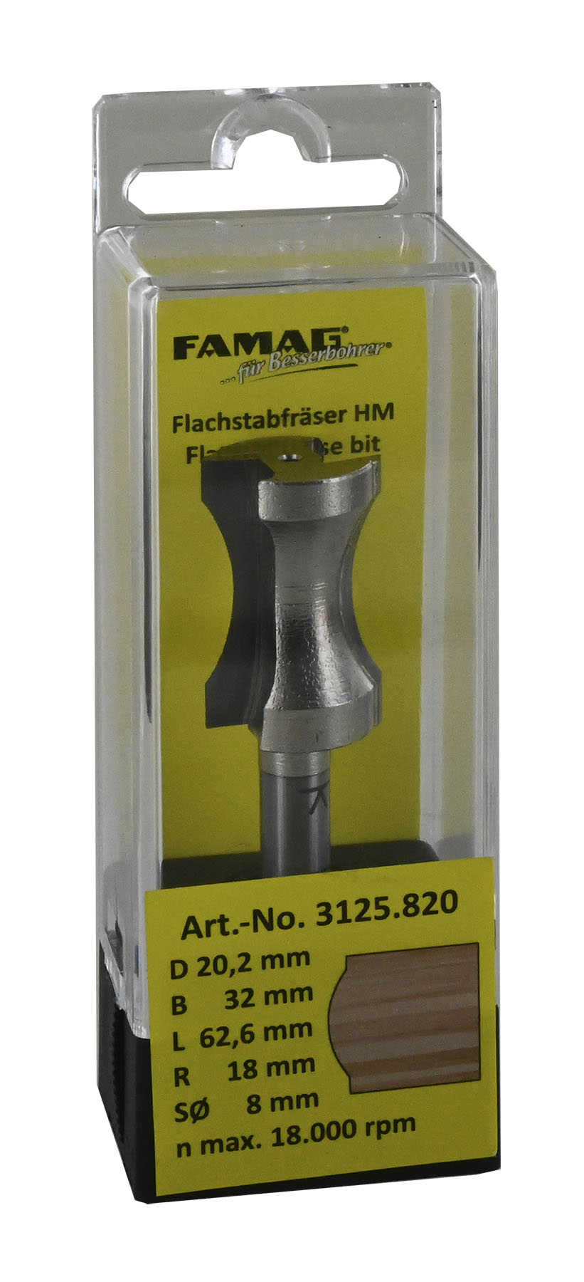 FAMAG HM-Halbstabfräser D20,2 B32 R18 GL62,6mm, SØ8 mm ohne Anlauflager