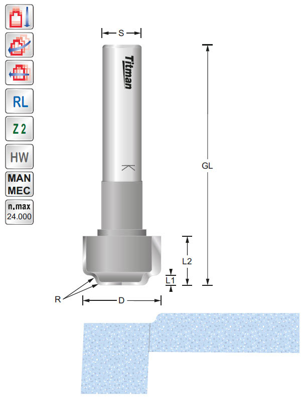 Stufenfräser HW Z=2 D=25 d=16 L=15 R=2 GL=74 S=12