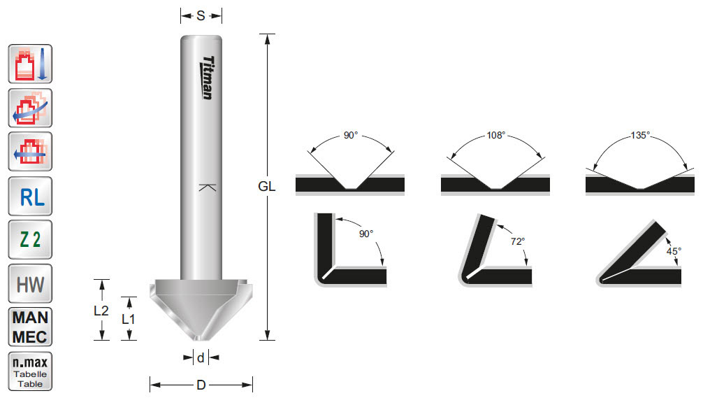 V-Nutfräser HW DiBond Z=2 D=24 A=108° d=3 L1=7,5 GL=60 S=8