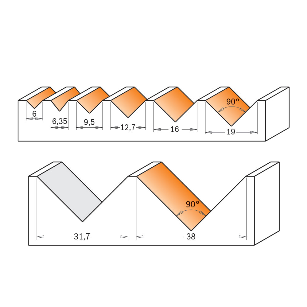 CMT 90°-V-Nutfräser - D19x16 L55,5 S=6 HW