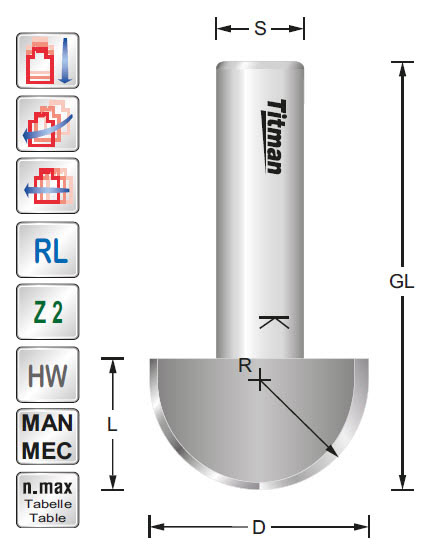 Hohlkehlfräser HW Z=2 D=20 R=10 L=16 S=10