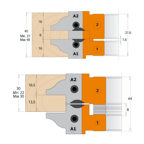 Profil- und Konterprofil Messerkopf-Set MAN - D132 d30 Z2+2 ALU